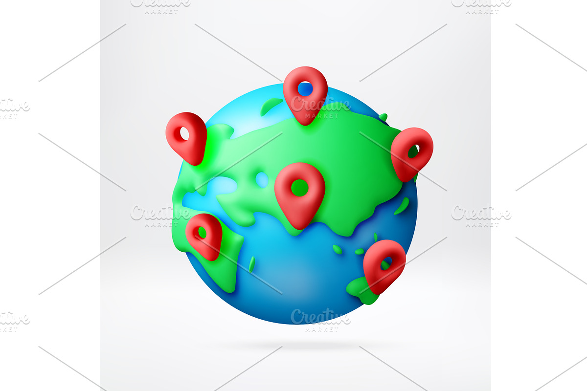 3D globe with red location map pins, a Technology Illustration by Abscent