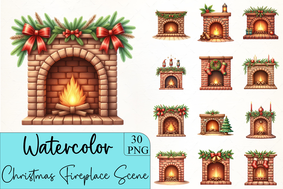 Christmas Fireplace Scene Clipart, an Illustration by CrexoraLab (Photo 1 of 5)