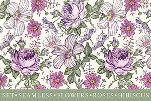 Set Seamless Flowers Roses Hibiscus, a Pattern Graphic by Vintage
