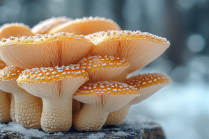 Mushrooms covered in frost grow in a, a Photo by Tanuart