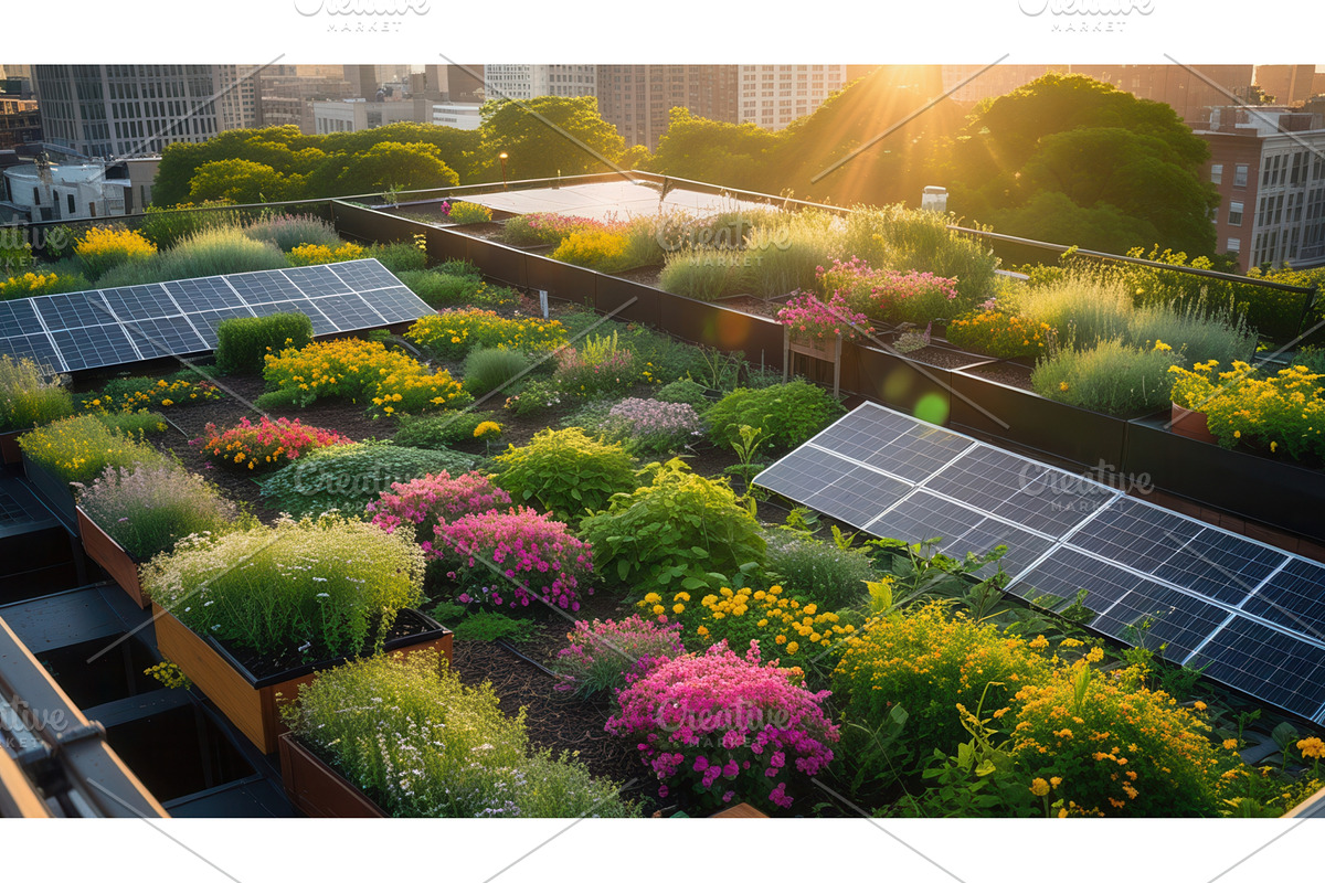 Rooftop garden with solar panels and, an Illustration by tilialucida