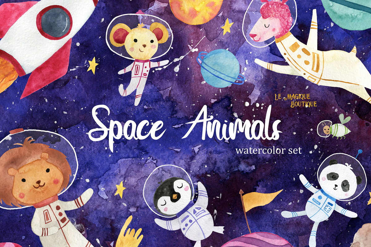 Space Animals Watercolor Clipart, an Animal Illustration by LeMagiqueBoutique (Photo 1 of 5)