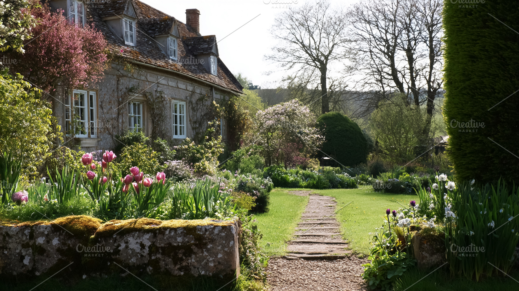 Stone cottage garden in spring, winding path leading through blo, a Photo by Studio ANNA