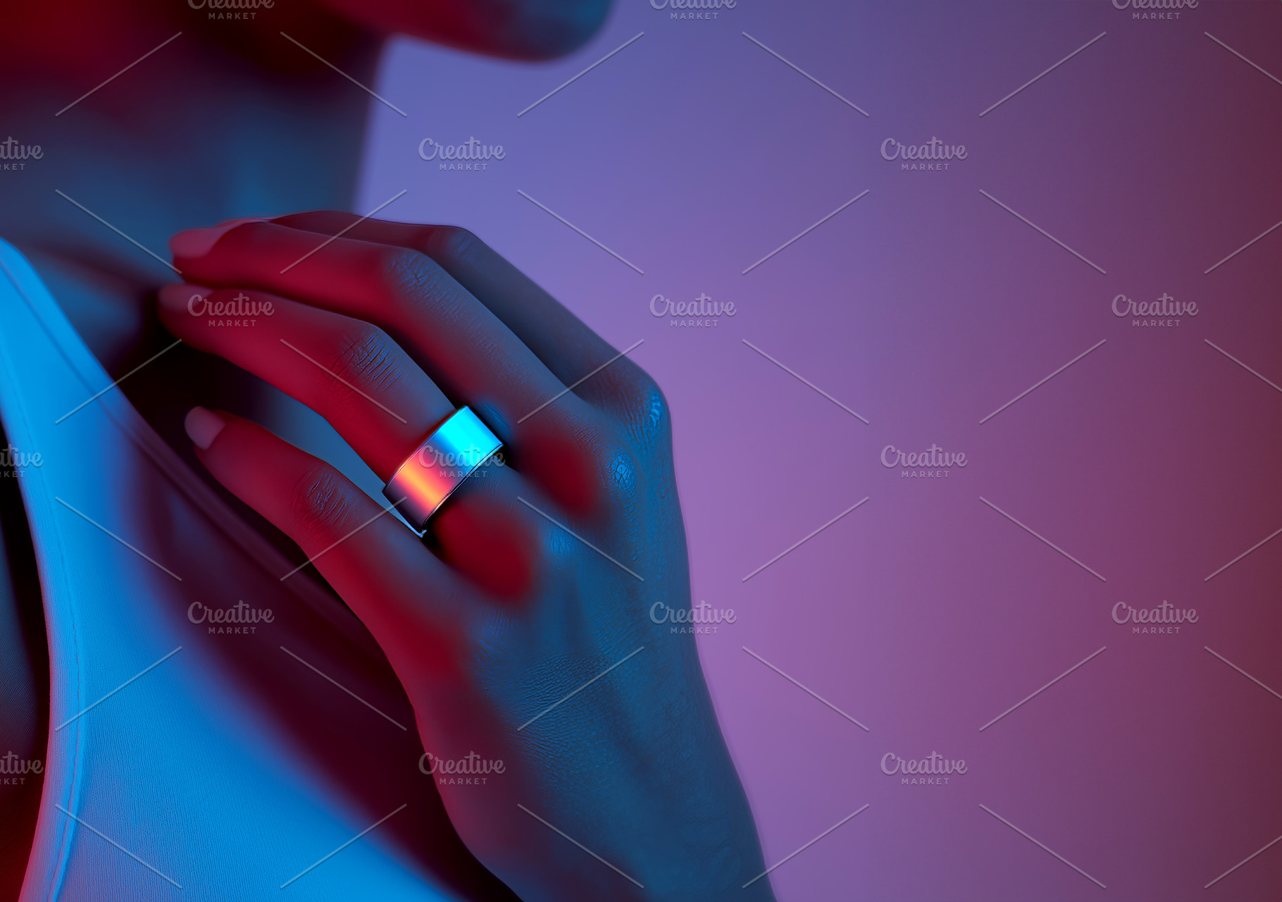 Hand in Neon Light with Smart Ring, a Technology Photo by Ocean Digital Art