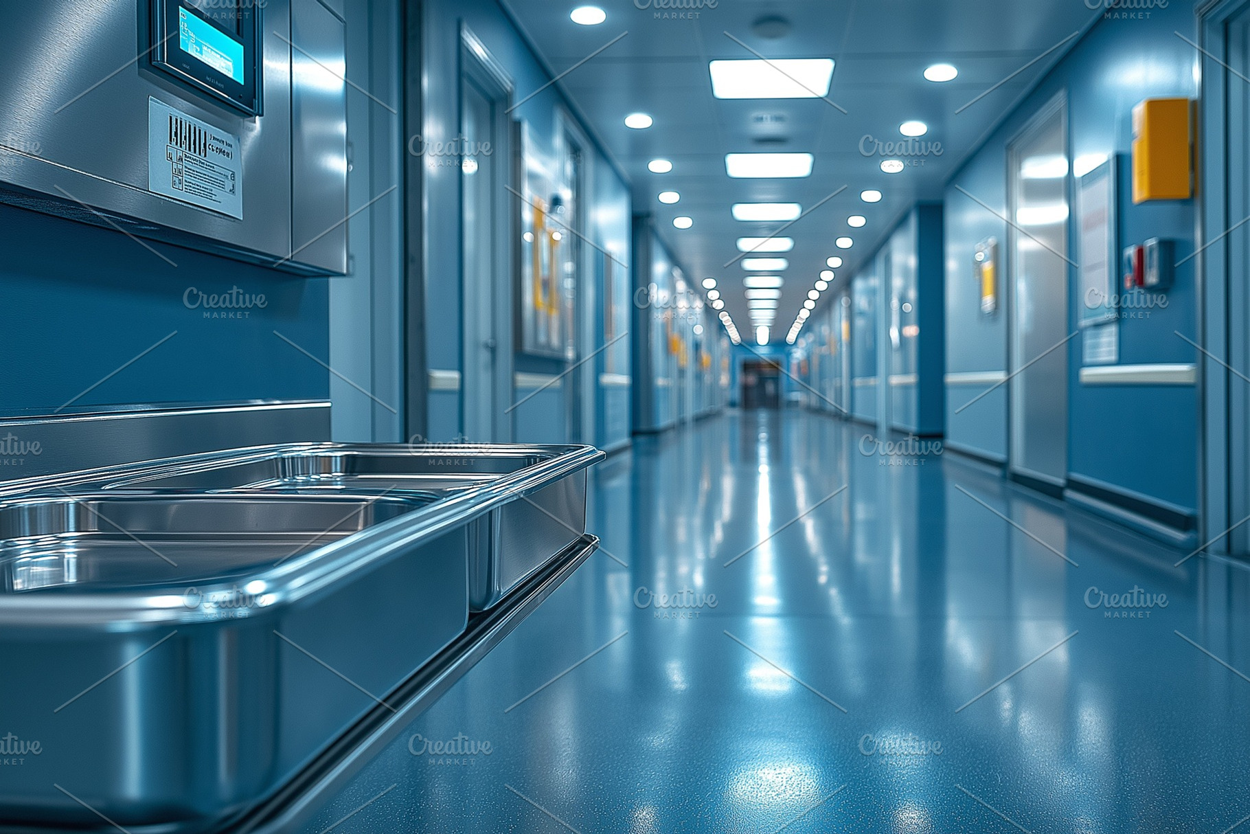 A sterile hospital corridor with shiny floors and stacked trays, conveying a se, a Background Photo by ImageMir