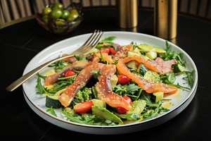 Salad with salted salmon and arugula, a Food & Drink Photo by Budarinphoto