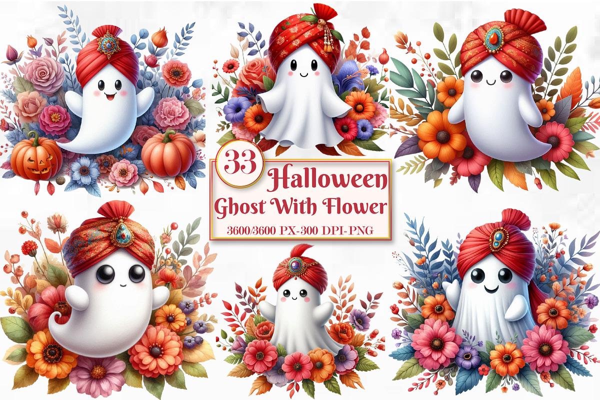 Halloween Ghost With Flower Clipart, a Seasonal Illustration by Craft Nest (Photo 1 of 5)