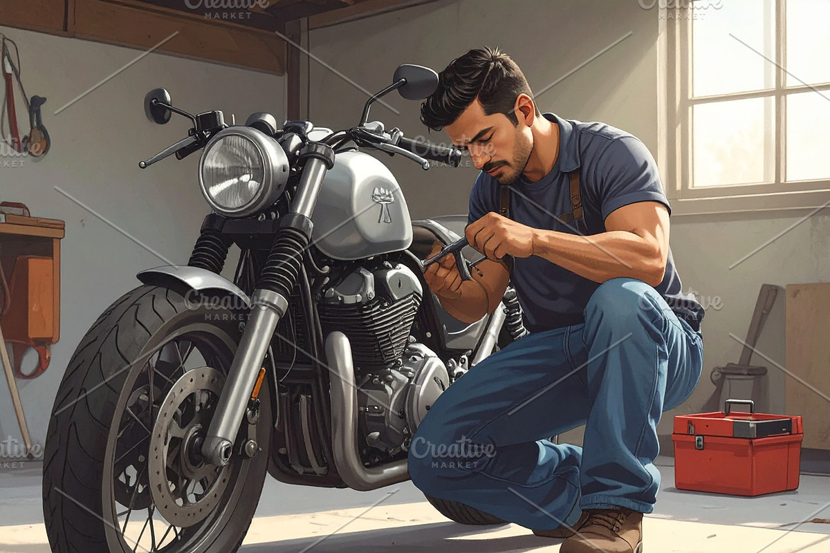 Motorcycle mechanic inside a home garage repairing a motorcycle, a Transportation Illustration by DanFLCreativo