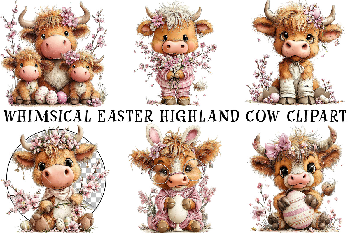 Whimsical Easter Highland Cow Clipar, an Illustration by OK Design (Photo 2 of 6)