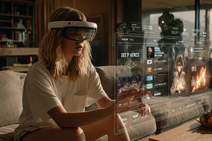 Woman using futuristic AR glasses br, a Photo by Pixeness Studio