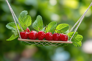 Swinging on a miniature hammock with cherries and mint leaves in a vibrant gard, a Photo by AlyaAnd