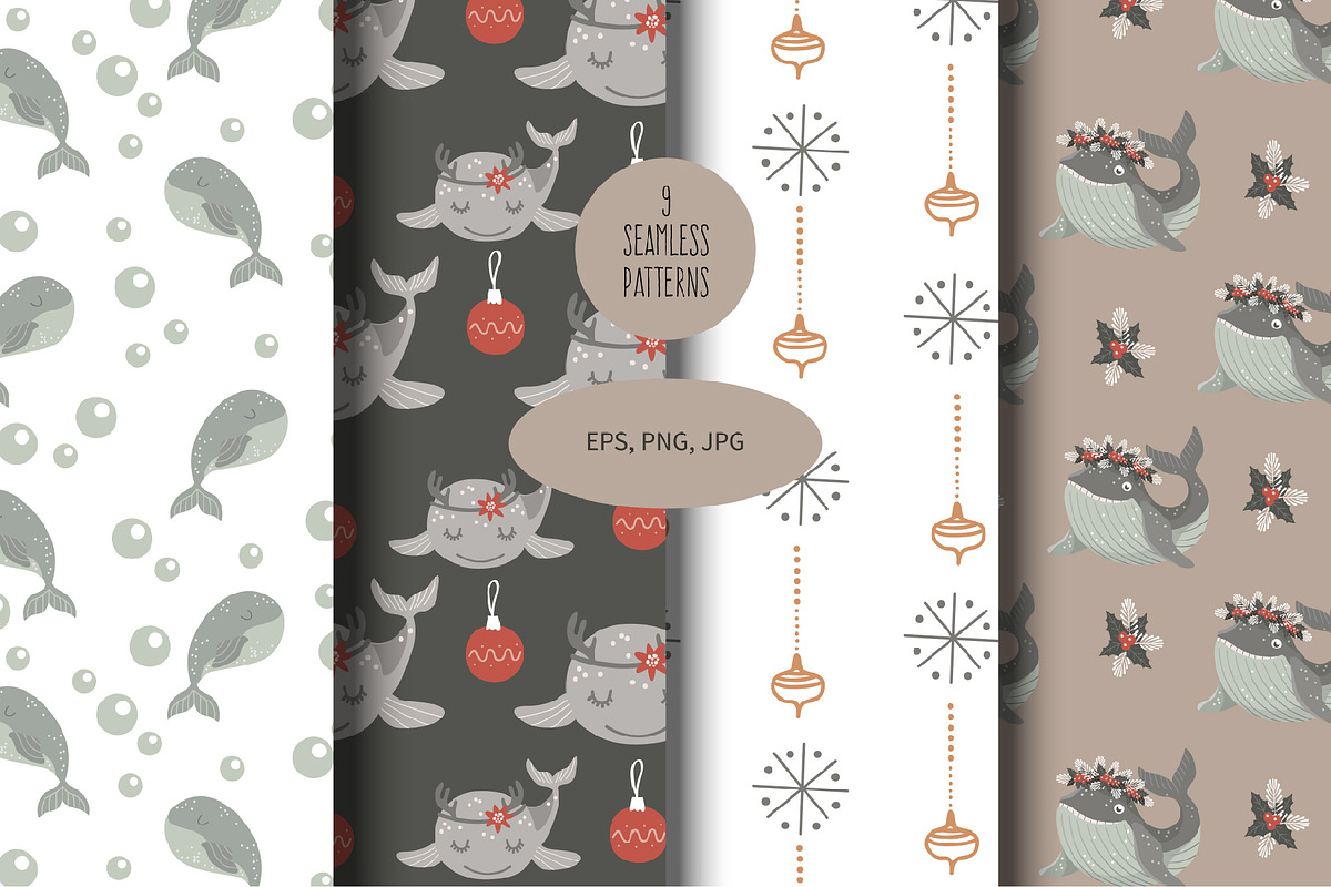 Christmas whale clipart and patterns, an Object Graphic by KupalinaArt (Photo 5 of 6)