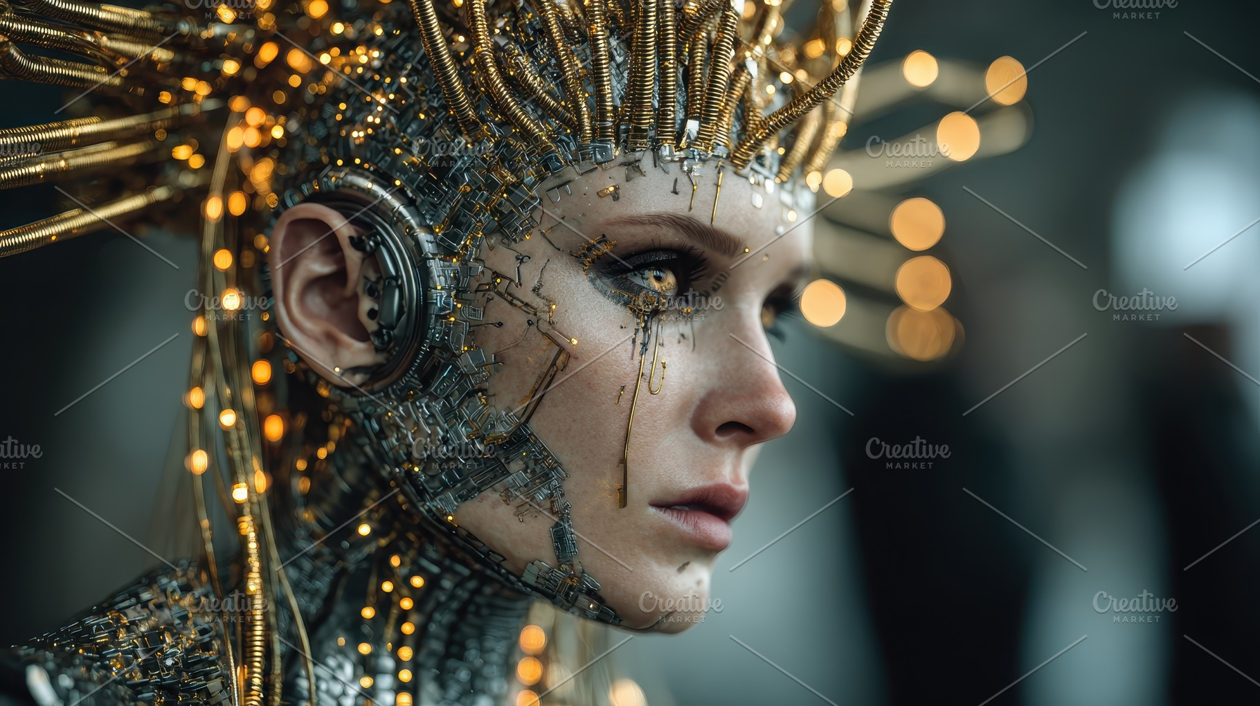 Cyborg Woman Gold Accents Futuristic, a Photo by Pixeness Studio