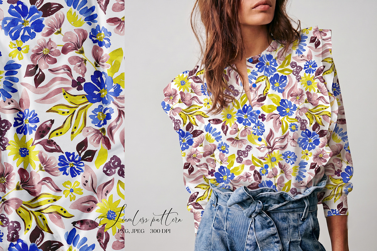 Blue, Yellow, Plum floral pattern, a Pattern Graphic by SirenaArt (Photo 2 of 16)