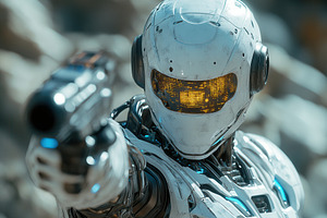 Futuristic robot pointing a handgun, a Photo by Tanuart