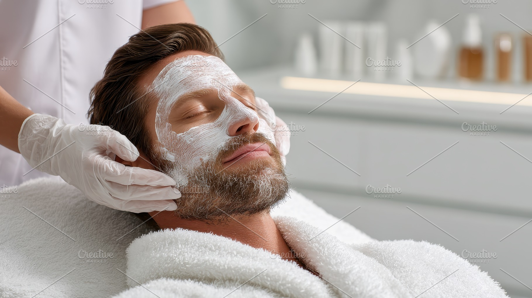 Man receiving facial treatment at sp, a Photo by Pixeness Studio