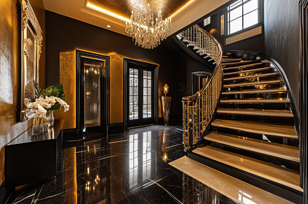 A luxurious Hollywood Glam interior design style foyer featuring a grand stairc, an Arts & Entertainment Photo by Textures & Backgrounds