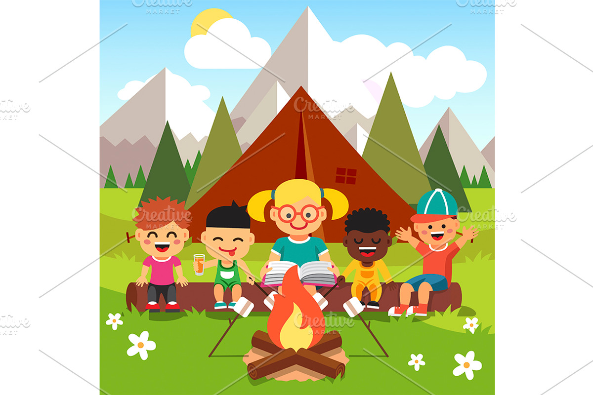 Kindergarten kids camping, an Education Illustration by Iconicbestiary