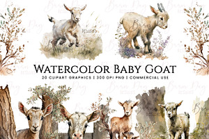 Watercolor Baby Goat Clipart Bundle