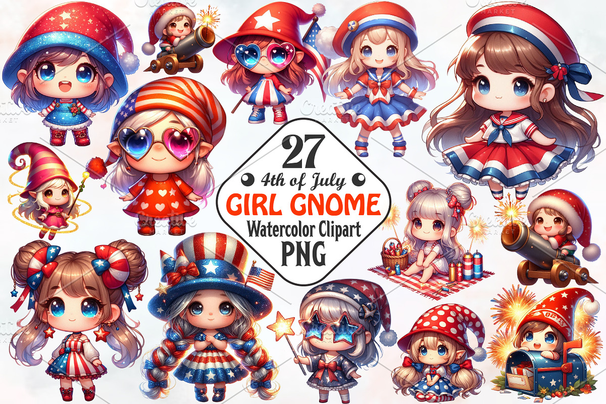 4th of July Cute Chibi Girl Gnome Su, a Seasonal Illustration by RobertsArt (Photo 1 of 7)