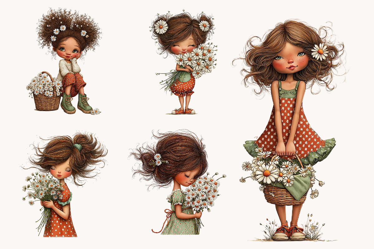 Whimsical Daisy Girls Clipart, an Illustration by Designworld (Photo 4 of 9)