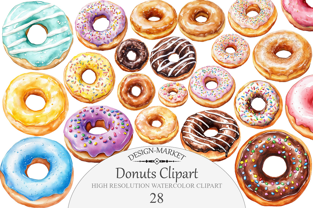 Watercolor Donuts Clip Art, an Illustration by Design Market (Photo 1 of 4)