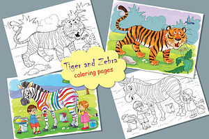 Tiger and Zebra. Coloring pages
