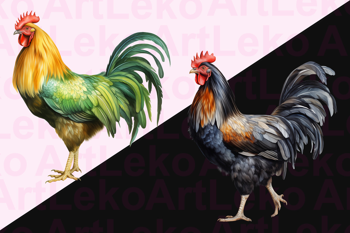 Roosters Clipart, an Animal Illustration by LekoArt (Photo 6 of 10)