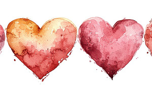 Row of watercolor hearts in shades of red, pink, and orange on a white backgrou, a Holiday Photo by José Manuel Gelpi