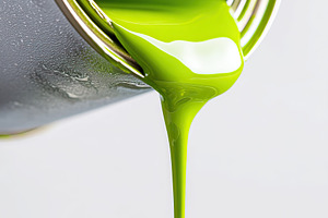 Bright green paint flows from a can, showcasing its vibrant hue and smooth text, a Photo by AlyaAnd