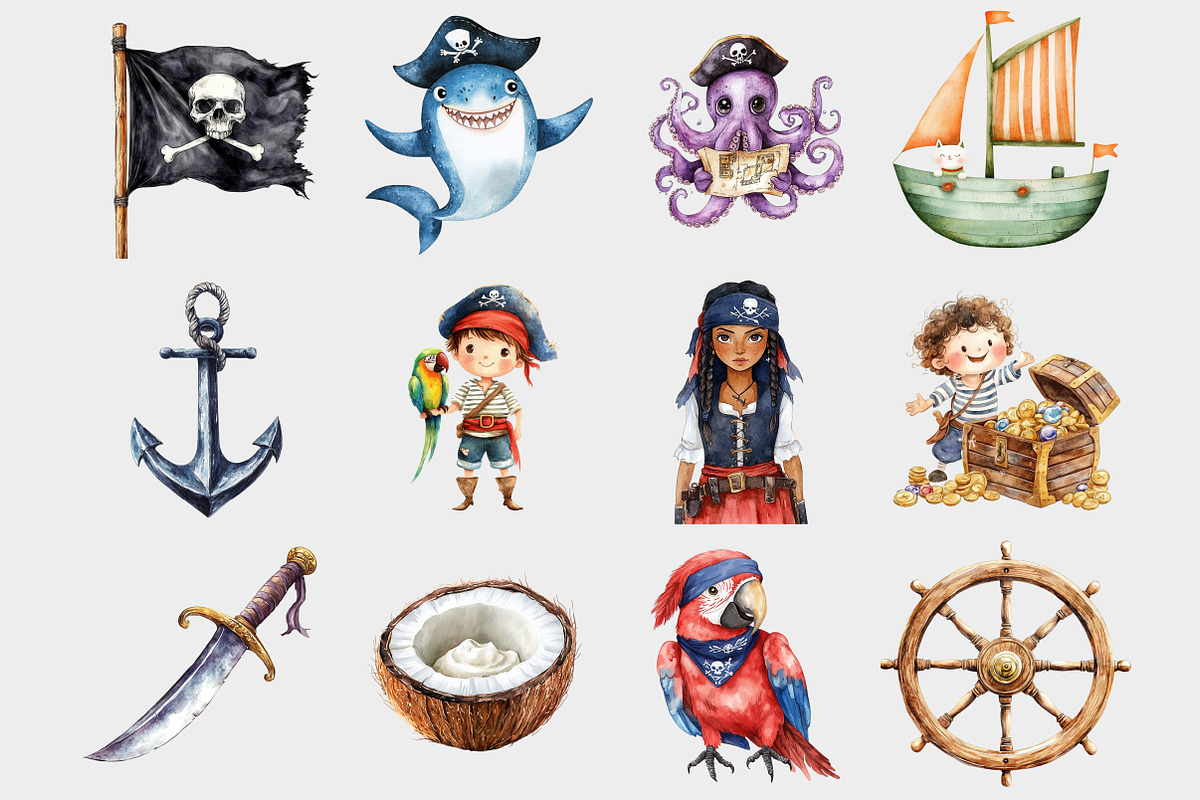 Watercolor Cute Little Pirate Clipar, a Seasonal Illustration by Design Market (Photo 3 of 5)