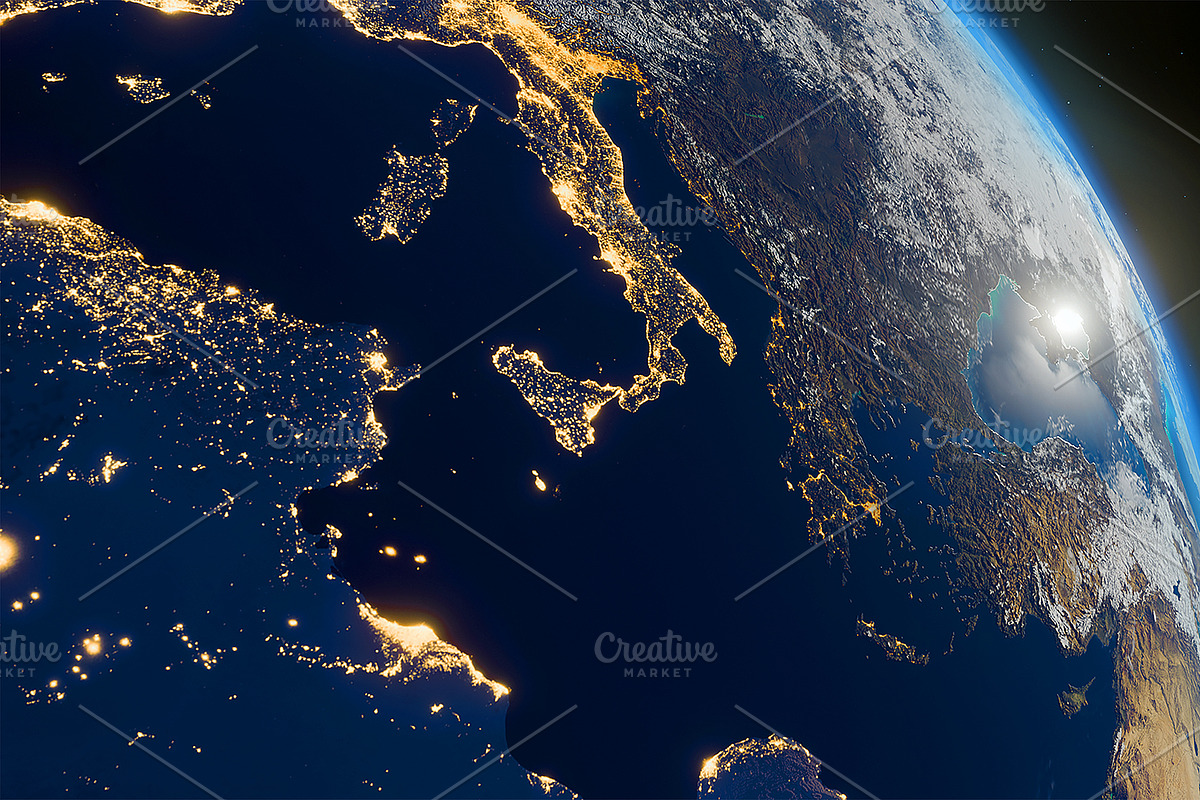 South Europe at night from space, an Object Illustration by ThreeDiCube