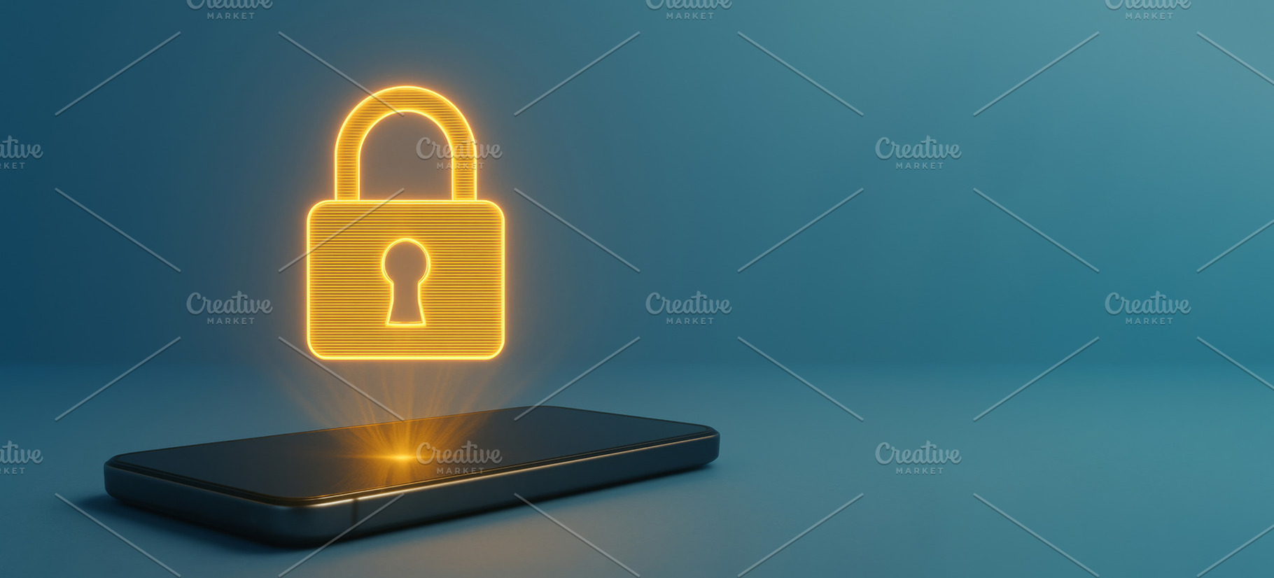 Cybersecurity concept showing glowing lock hologram above smartp, a Photo by Dvoevnore photos