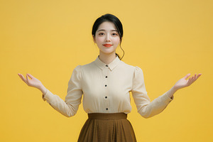 Woman in beige blouse and skirt, a Photo by Pavel_design