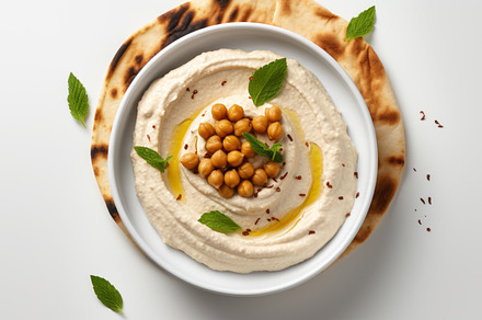 Classic hummus with herbs, olive oil in a vintage ceramic bowl flat lay, a Food & Drink Photo by Natalia Klenova's Shop