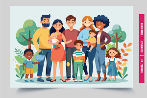 Group of eight family in park, an Illustration by Tanuart