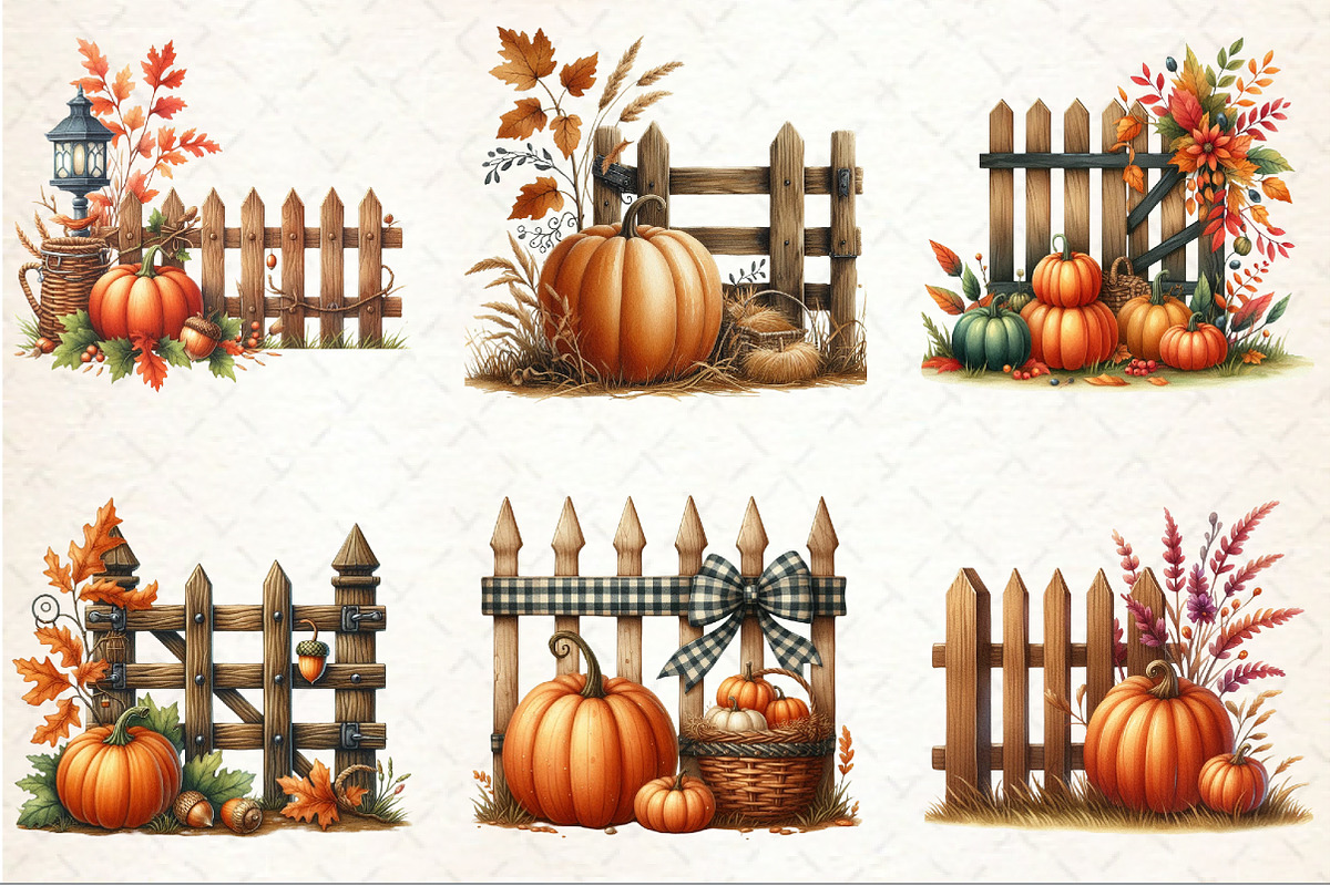 Watercolor Fall Pumpkin Fence Clipar, an Illustration by Rose Art (Photo 3 of 7)