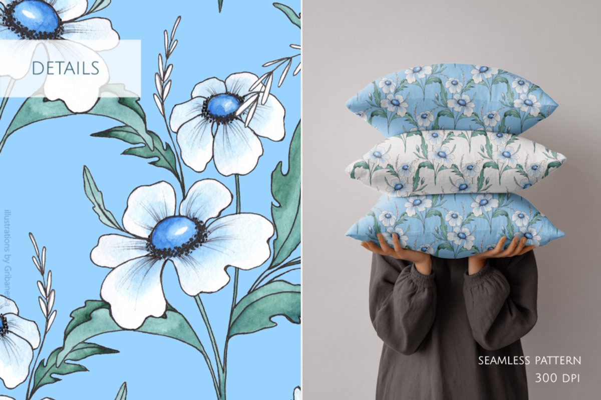 Watercolor Blue Floral Patterns, a Pattern Graphic by Gribanessa (Photo 2 of 3)