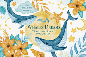 Whales Dreams Watercolor Clipart