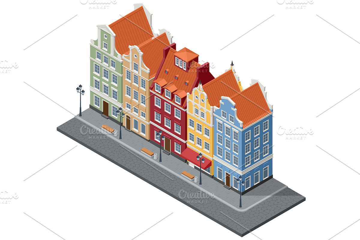 Isometric old European Gdansk street, an Object Illustration by Golden Sikorka