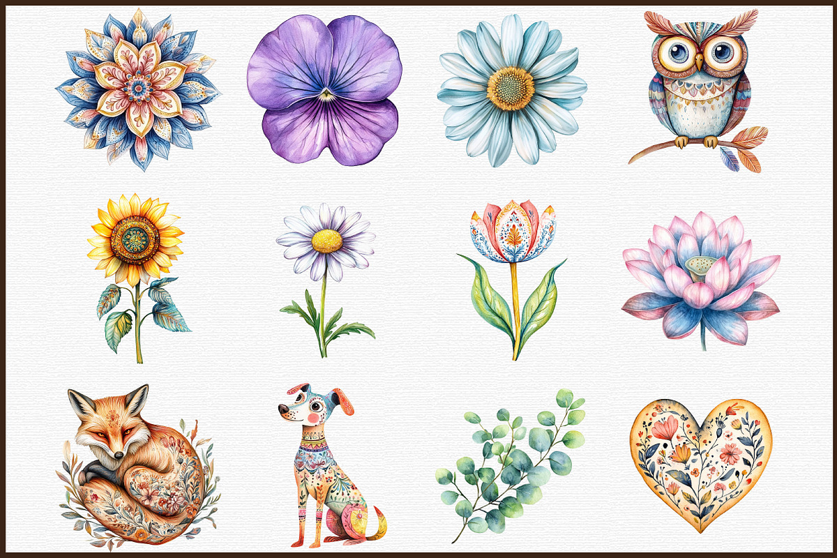 Pastel Folk Art Motifs Flowers Anima, an Illustration by Sublimation Artist (Photo 3 of 6)