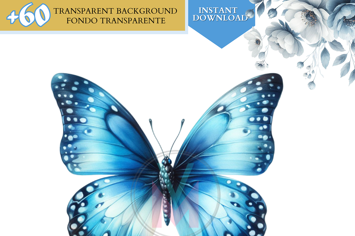 Watercolor Blue butterflies clipart, a Decorative Illustration by VM PARTYS  BY TAIRUMA (Photo 5 of 8)