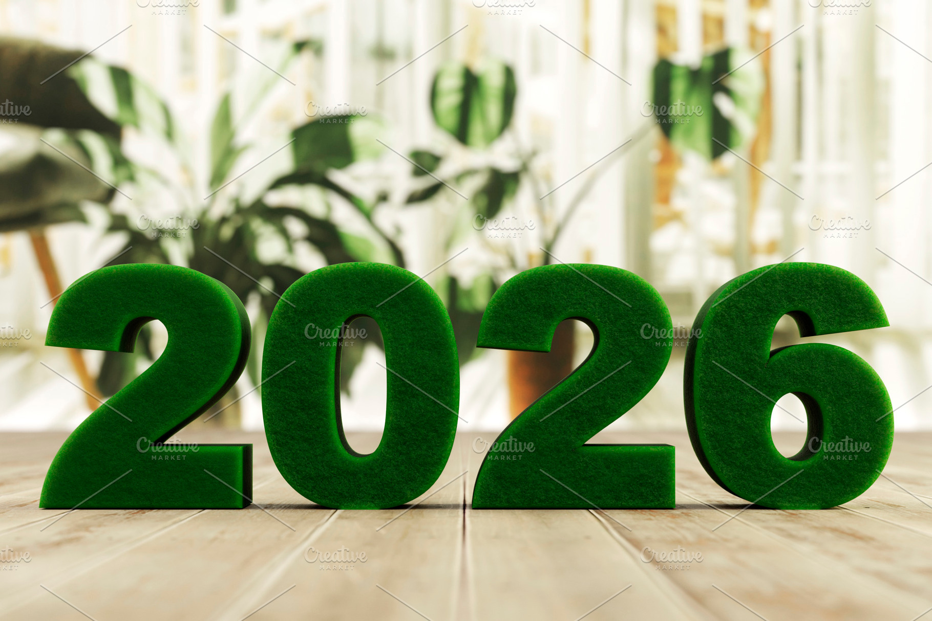Green grass 3D 2026 on wood, soft indoor plants behind, a Background Photo by RF Images