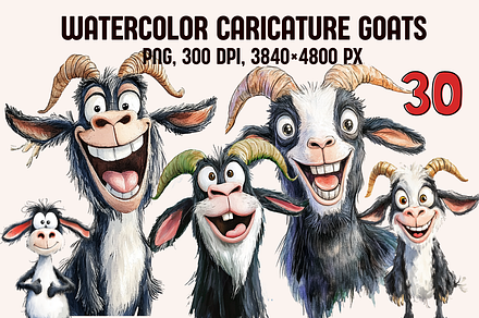 Watercolor Caricature Goats, an Animal Illustration by PrintHaven Designs