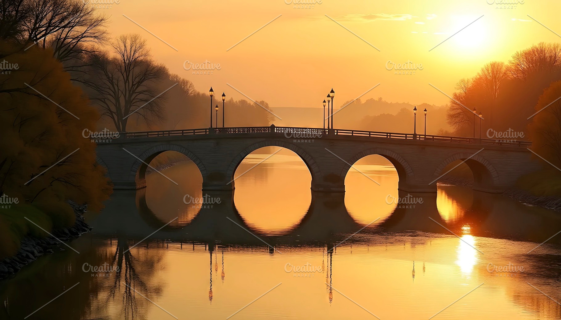 Golden Sunrise Over Bridge And Calm, a Photo by LOGOCREATIVE