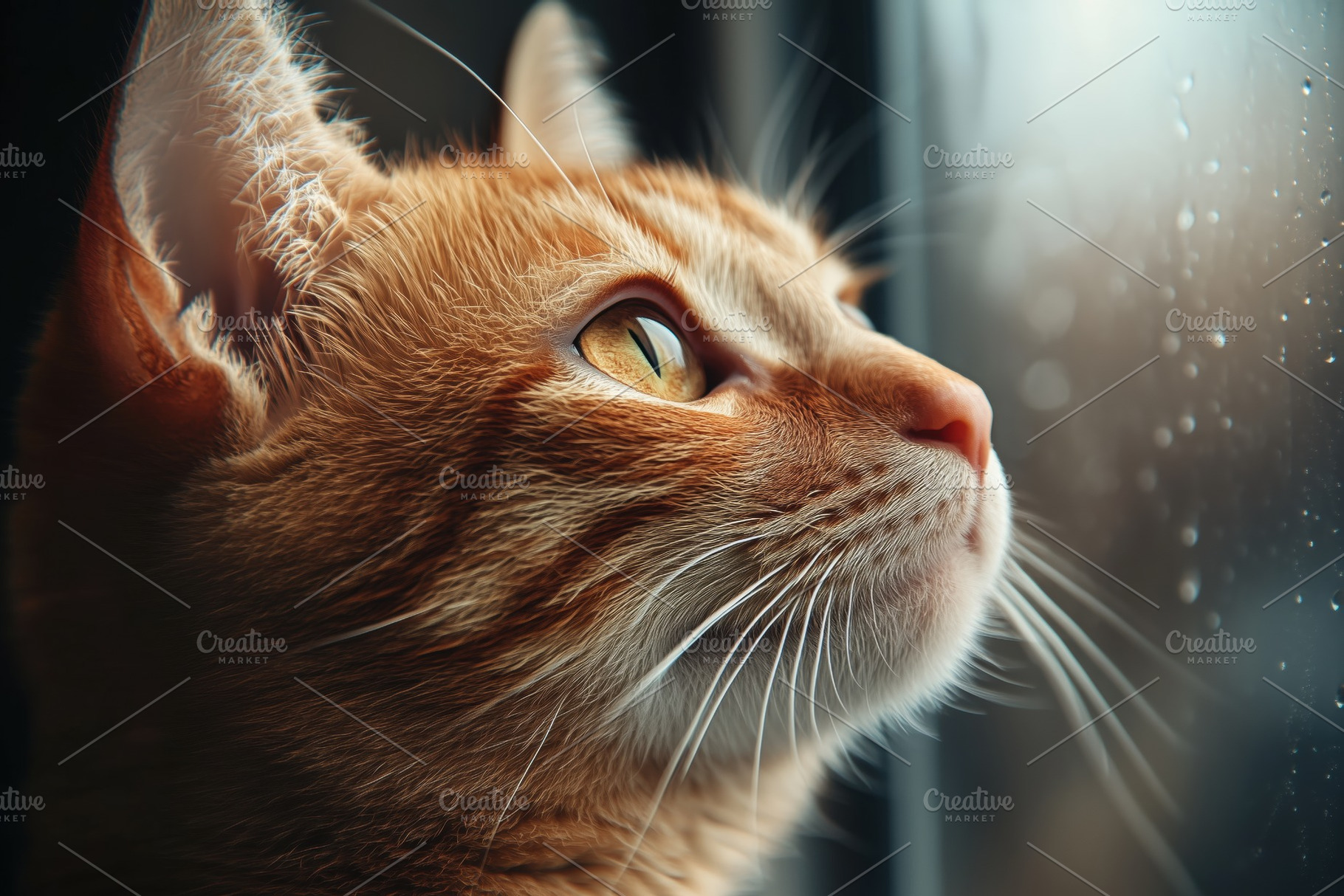 A close-up of an orange tabby cat gazing out a window with raindrops on the gla, an Animal Photo by Textures & Backgrounds