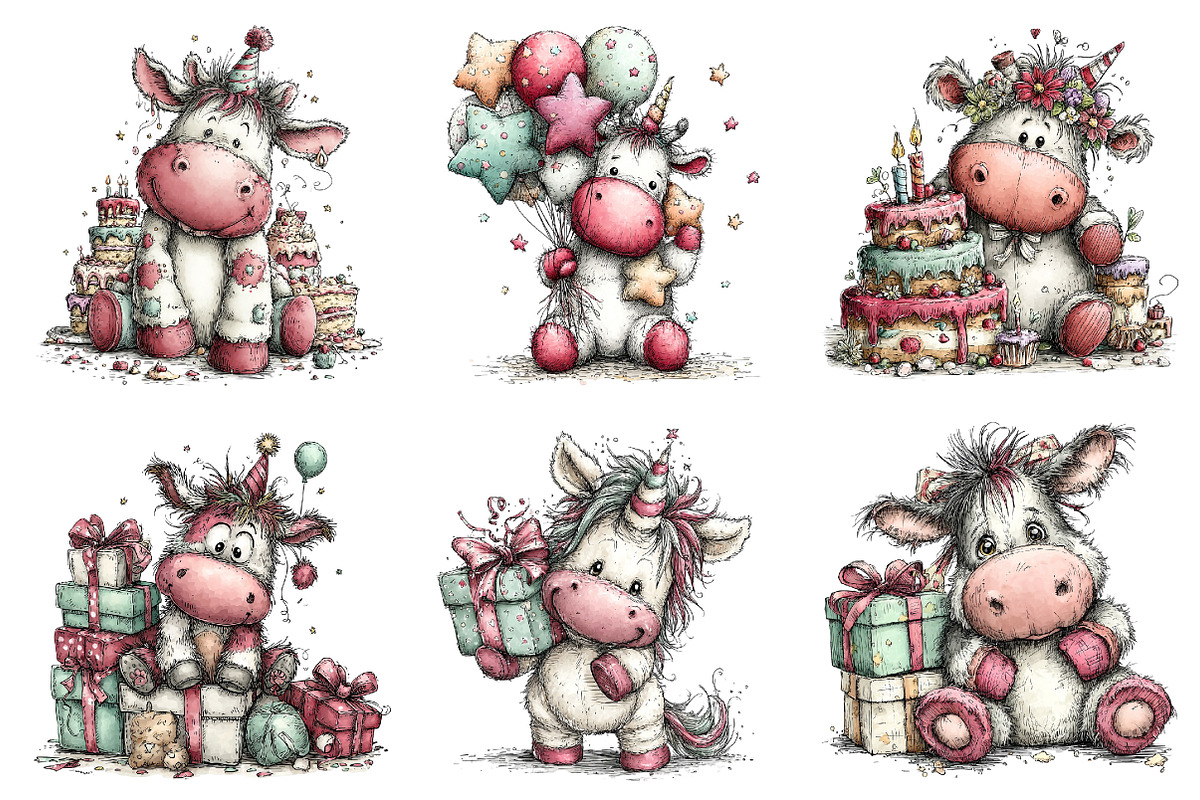 Whimsical Birthday Unicorn Clipart, an Illustration by Dream Creation (Photo 3 of 6)