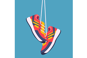 Sneakers. Shoes hanging on laces, an Object Illustration by Onyx