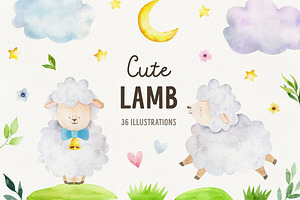Watercolor lamb farm clip art