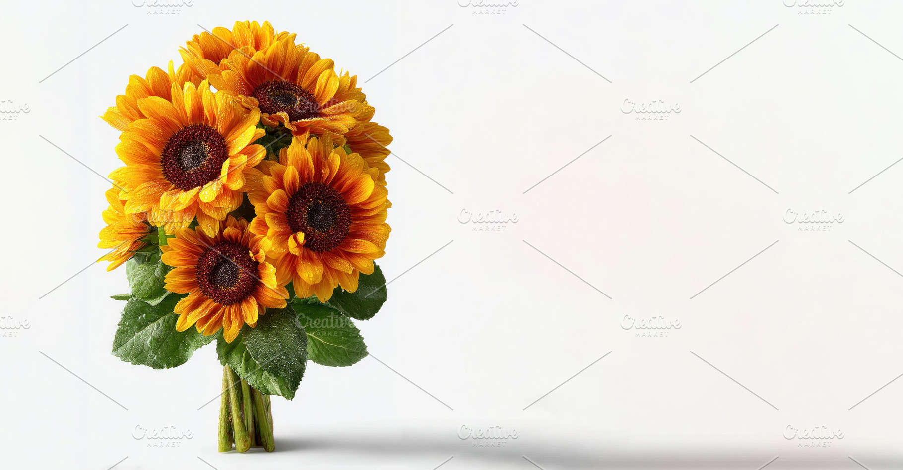 Fresh sunflower bouquet with dewdrops and green leaves standing, a Nature Photo by José Manuel Gelpi
